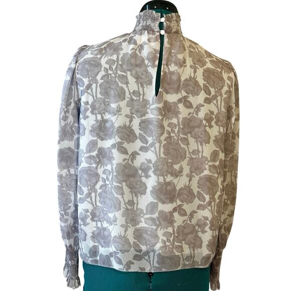 Aritzia Wilfred Valencia Blouse Frozen Gray Floral Sheer Mock Neck XS - Picture 5 of 8
